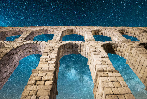 The beautiful Segovia Aqueduct, UNESCO World Heritage site, under the milky way.