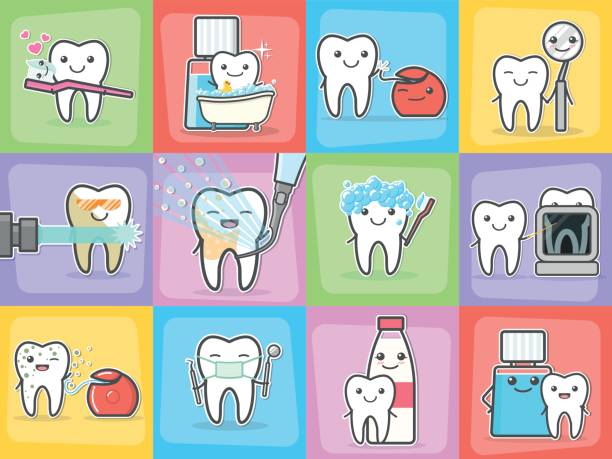 набор концепций ухода за зубами и гигиены. - dental floss brushing teeth dental hygiene dental equipment stock illustrations