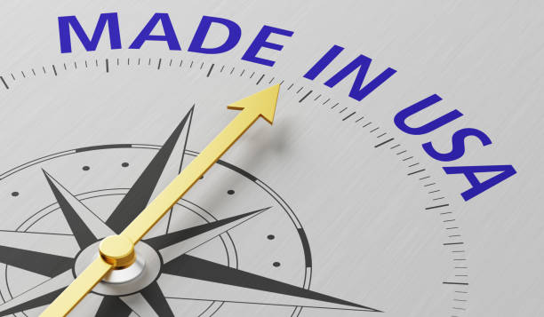 istock Compass needle pointing to the text Made in USA 696876950