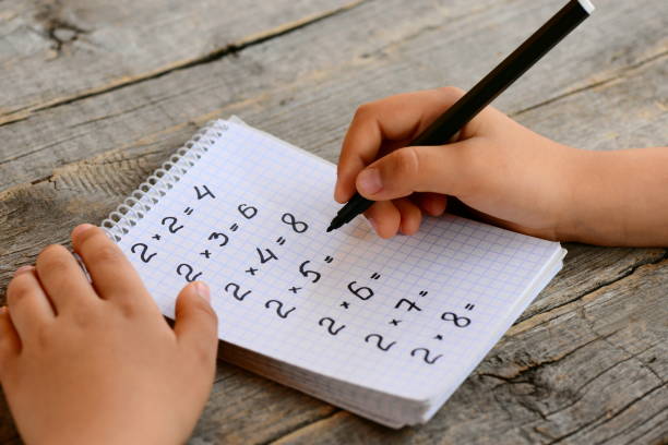 istock Student solves multiplication examples. Child holds a black marker in his hand and writes answers. Notebook with multiplication table examples. Teaching a multiplication table concept 696877556