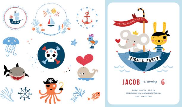 Card Design and Elements Set_10 Children's birthday party invitation. Vector illustration. color by number jelly fish stock illustrations