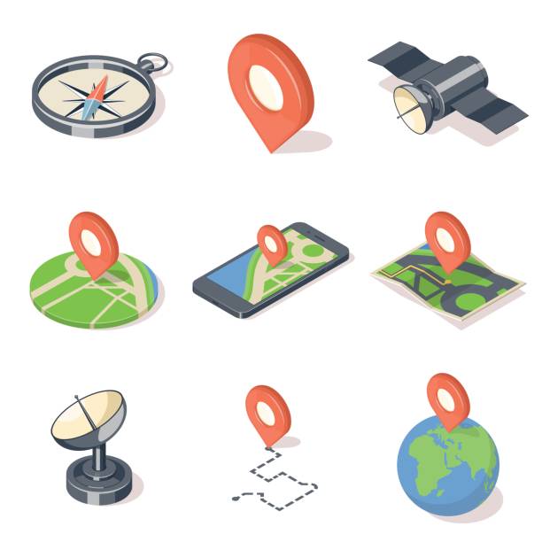 gps 항법 아이콘 세트 - global positioning system travel map direction stock illustrations
