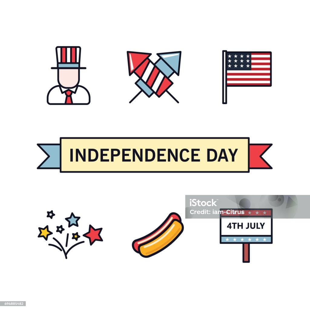 4th July. ndependence Day of America. Vector icons set 4th July. Patriotic icons. Independence Day of America. Vector icons set. Collection of flat design elements isolated on white background. National celebration, BBQ, Uncle Sam, hat, fireworks, flag Fourth of July stock vector