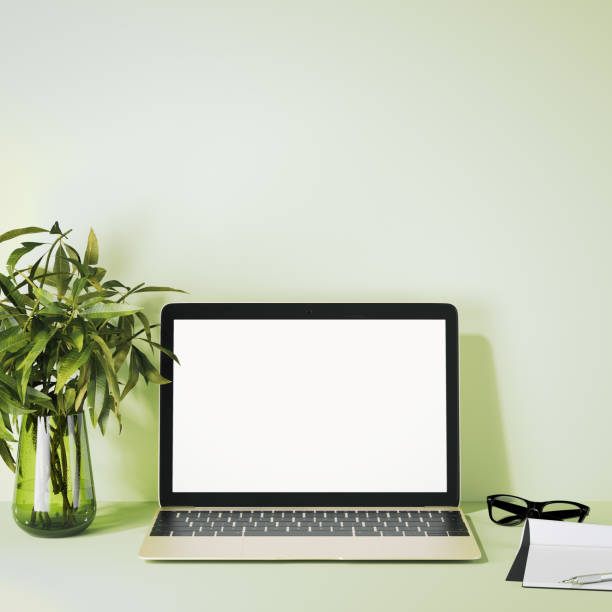 istock Modern laptop in green interior. 3d rendering 696886608