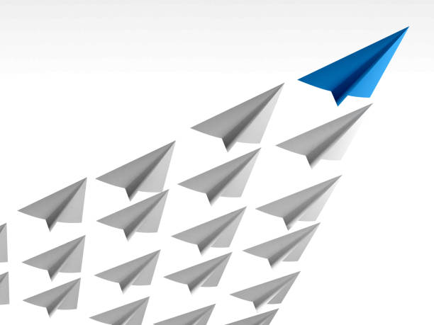 istock Blue paper airplane as a leader. 3d rendering 696890002