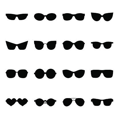Big vector set of icons of different shapes sunglasses in trendy flat style