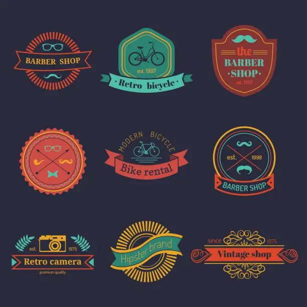 Vector illustration of Vector set of vintage hipster labels. Retro icons or badges collection.