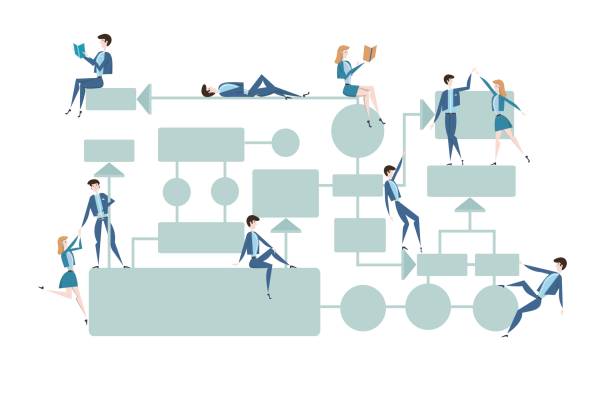 ilustrações, clipart, desenhos animados e ícones de fluxograma de negócios, diagrama de processo de gestão com personagens businessmans e businesswomans. ilustração vetorial no fundo branco. - flowchart diagram organization algorithm