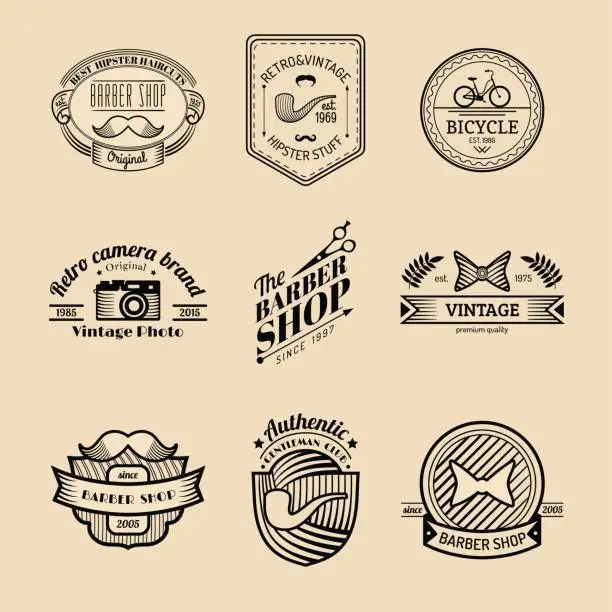 Vector illustration of Vector set of vintage hipster badges. Retro icons collection of bicycle, moustache, camera etc.