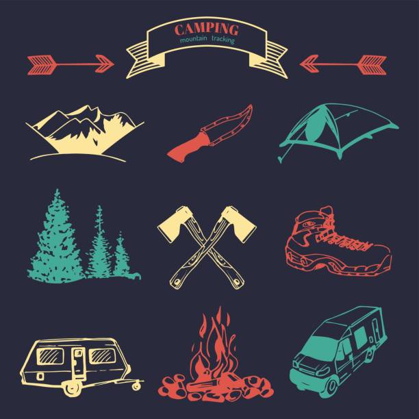 ilustrações, clipart, desenhos animados e ícones de vetor de um conjunto de elementos vintage de campismo para emblemas do turismo, crachás. coleção retrô sinais de aventuras ao ar livre. - icon set arrow sign symbol computer icon