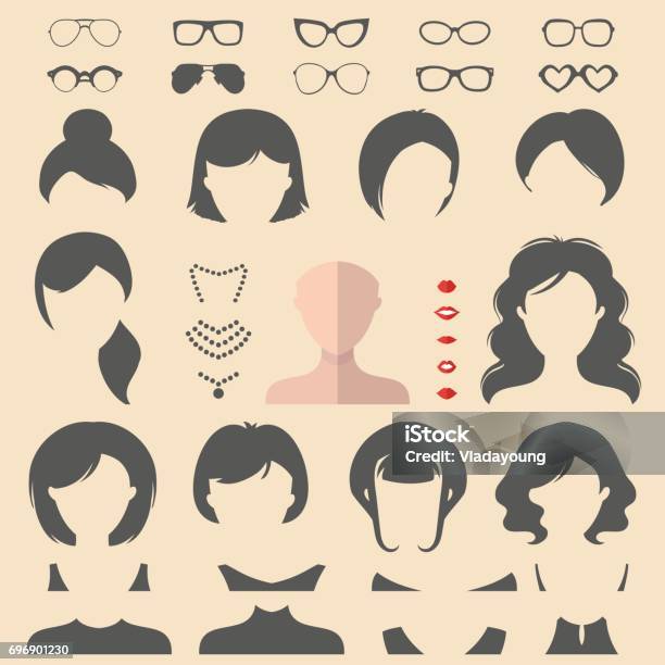 Big Vector Set Of Dress Up Constructor With Different Woman Haircuts Glasse  Etc Female Faces Icon Creator Stock Illustration - Download Image Now -  iStock