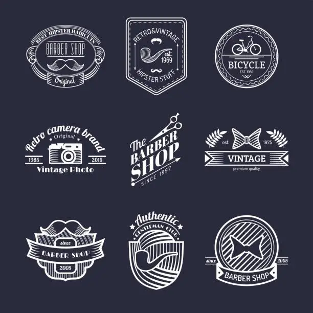 Vector illustration of Vector set of vintage hipster badges. Retro icons collection of bicycle, moustache, camera etc.