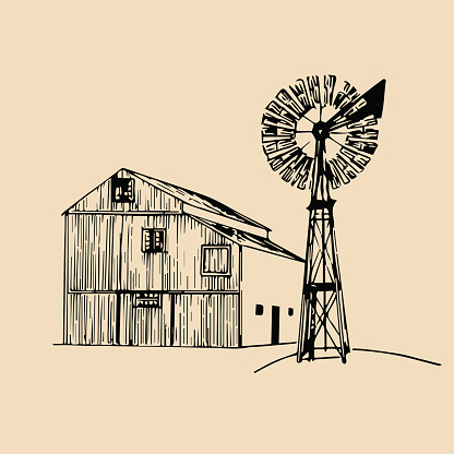 Vector illustration of traditional american farm barn with windmill in hand sketched style. Organic bio products poster. Eco food sign.