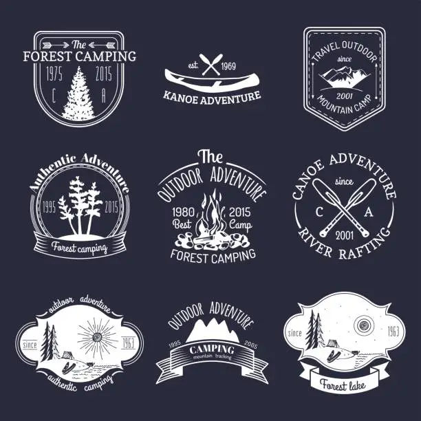 Vector illustration of Vector set of vintage camping badges. Retro signs collection of outdoor adventures. Tourist sketches for emblems.