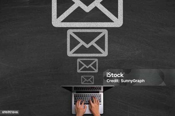 Email Concept With Laptop On Blackboard Stock Photo - Download Image Now - Chalkboard - Visual Aid, Laptop, E-Mail