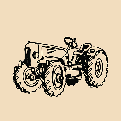 Vector illustration of retro tractor in hand sketched style. Farm fresh symbol. Organic bio products badge. Eco food sign.