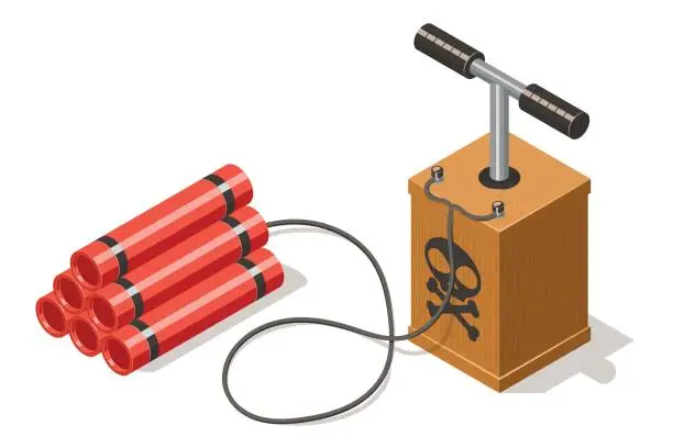 Vector illustration of Dynamite bomb and detonator isolated on white