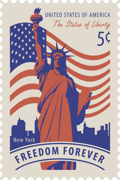 статуя свободы на фоне nyc и флага - retro revival new york state usa north america stock illustrations