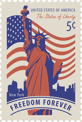 Postage stamp with statue of Liberty in background of american flag and New York skyscrapers and the word freedom forever. Vector illustration of a 5-cent USA stamp.