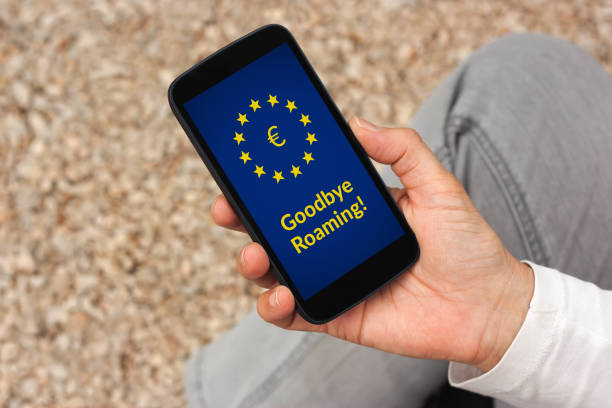 istock Hand holding smart phone with free roaming concept on screen 696912368