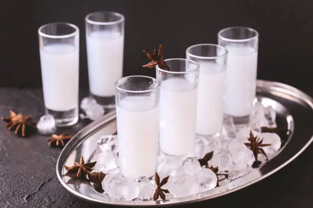 Arabic alcohol drink Raki with anis and ice.Turkish and Greek Traditional aperitif arak, Ouzo