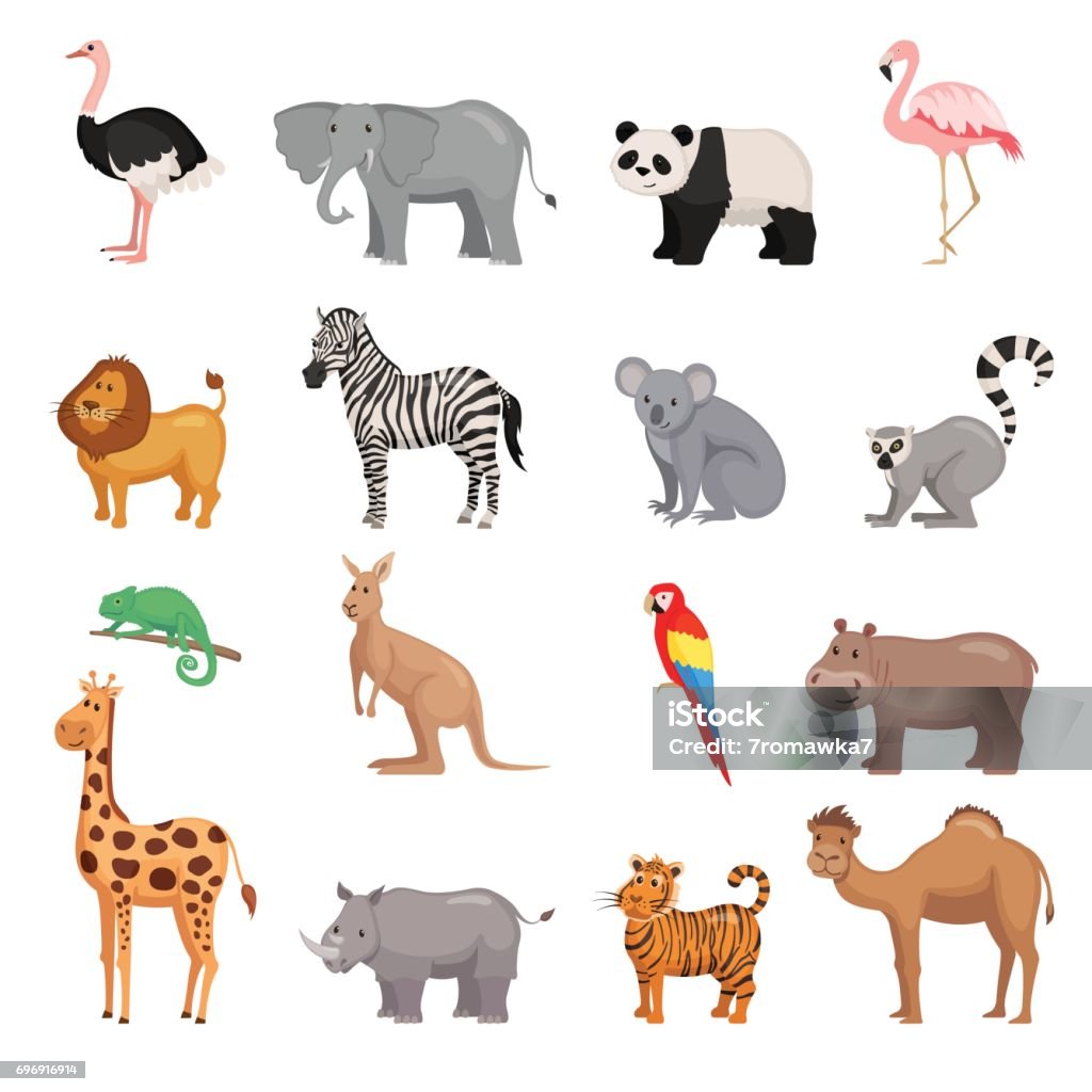 Set of animals of zoo Zoo animals set in flat style isolated on white background. Vector illustration. Safari Animals stock vector