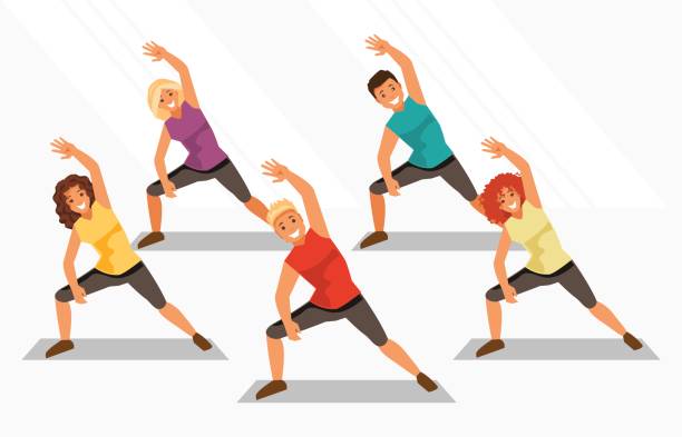 Aerobics. Vector illustration Group of people is engaged in aerobics in the gym. Fitness and weight loss. Healthy lifestyle. Vector illustration personal trainer stock illustrations