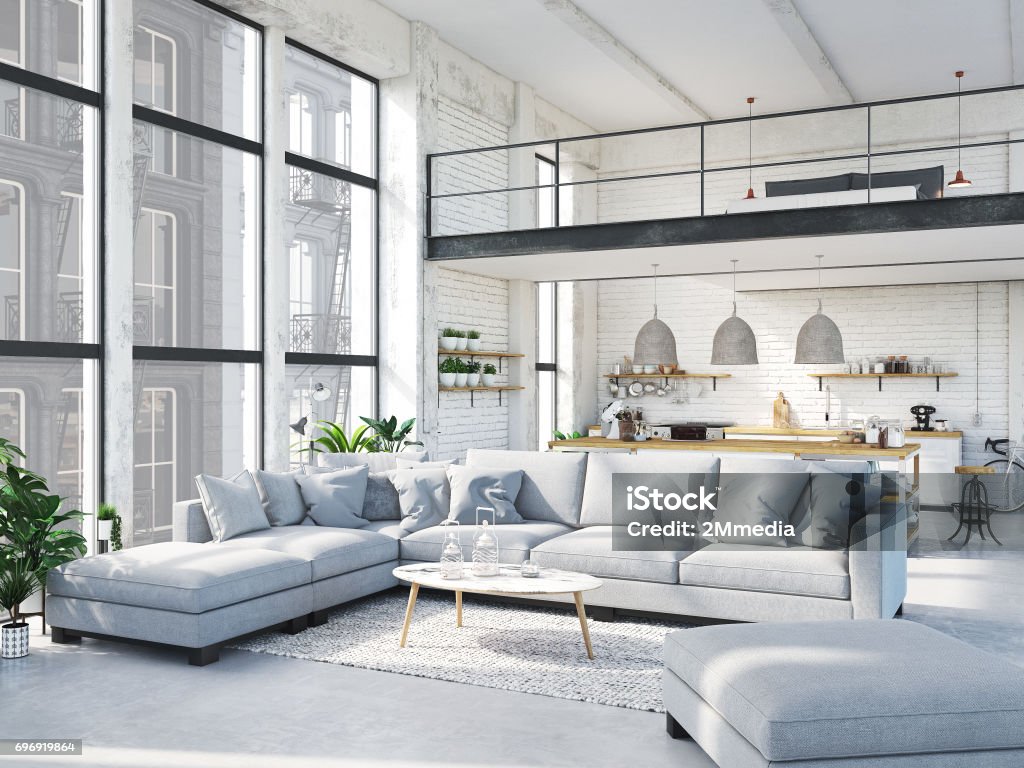 modern loft apartment. 3d rendering 3d rendering. loft apartment with living room and kitchen. Apartment Stock Photo