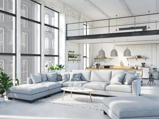 Photo of modern loft apartment. 3d rendering