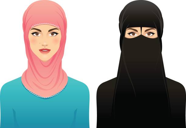 Muslim woman Two young women, wearing a hijab and nikab, isolated on a white background. sharia stock illustrations