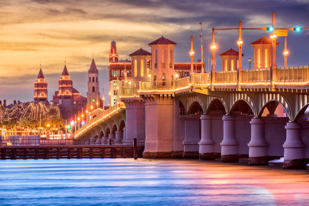 St. Augustine, Florida, USA Skyline St. Augustine, Florida, USA Skyline at Bridge of Lions. bridge of lions stock pictures, royalty-free photos & images