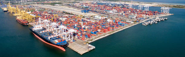 istock Aerial view of cargo ships loading containers at seaport. 696939112
