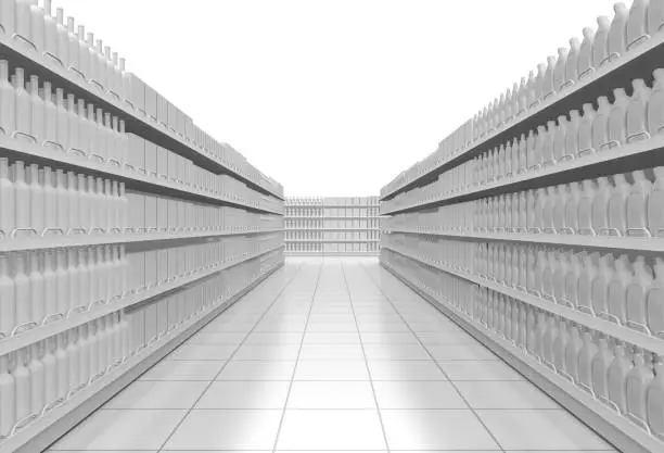 one supermarket corridor with shelves full of products, on white background (3d render)