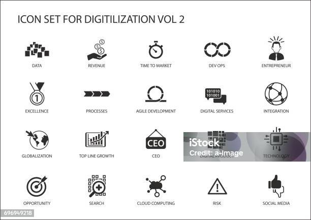 Digitilization Vector Icons For Topics Like Dev Ops Data Digital Services Digital Product Globalization Technology Integration Agile Development Social Media Stock Illustration - Download Image Now