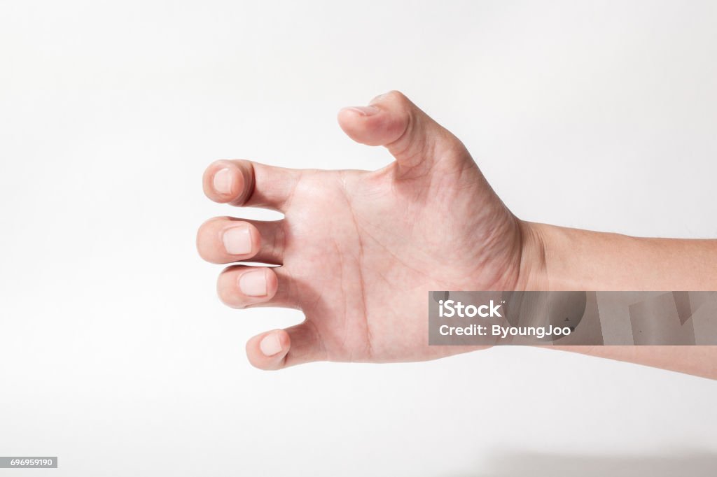 una mano qualcosa come una bottiglia su sfondi bianchi - Foto stock royalty-free di Mano