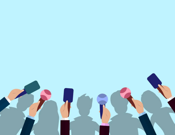 istock Set of Microphones and crowd silhouettes. Journalism concept, Mass Media, TV, Interview, Breaking News, press conference concept. Microphones in reporter hands. 696977596