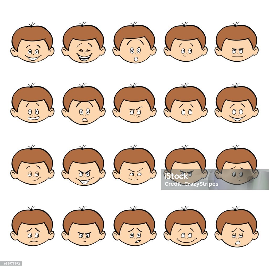Set Of Kid Facial Emotions Dark Hair Boy Face With Different Expressions  Stock Illustration - Download Image Now - iStock