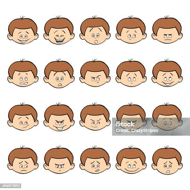 Set Of Kid Facial Emotions Dark Hair Boy Face With Different Expressions  Stock Illustration - Download Image Now - iStock