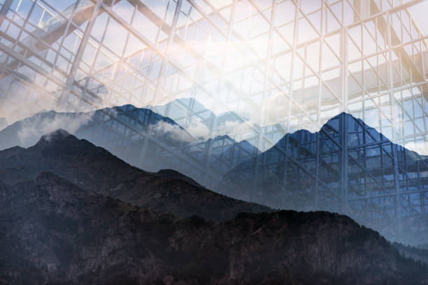 Double exposure: Skyscraper and mountains, city and nature