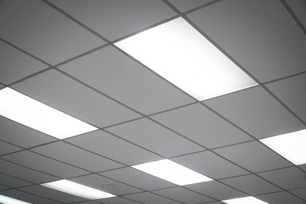 White ceiling with neon light bulbs in uprisen view