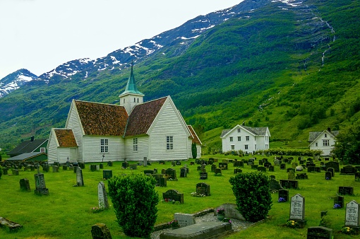 Olden, Norway - June 04, 2014:View of Olden old church (1759), in Olden, Norway
