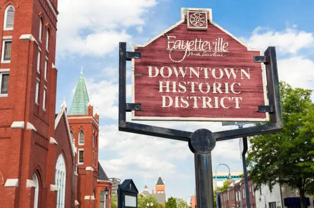 Sign for the Downtown Historic District in Fayetteville, North Carolina