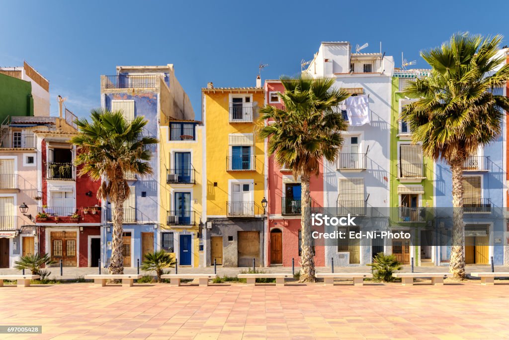 Colorful beach homes in Mediterranean Villajoyosa, Southern Spain Colorful beach homes in Villajoyosa, a charming Mediterranean village in Alicante, Southern Spain Spain Stock Photo