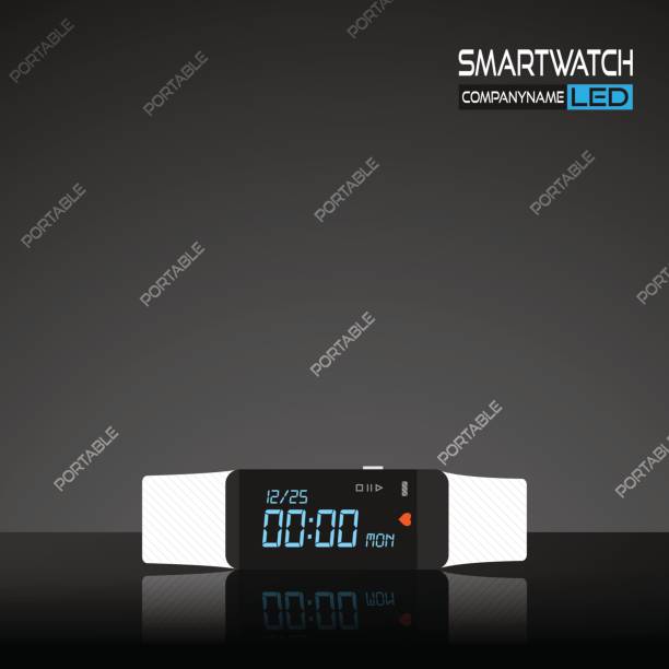 istock Vector promotion poster of gray smartwatch with white watchband and reflection on the dark gray background with a pattern of words. 697008464
