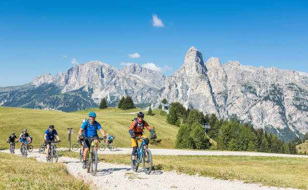 istock Uphill biking at scenic pastures in the Dolomites, Italy 697016788