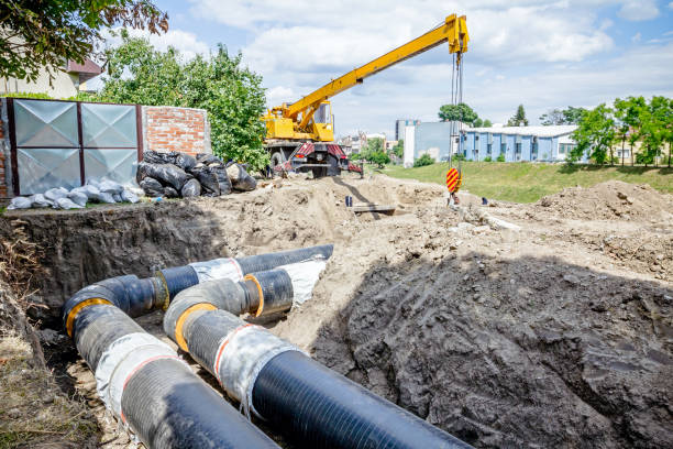 istock Mobile crane is carry long pipe over trench 697020042