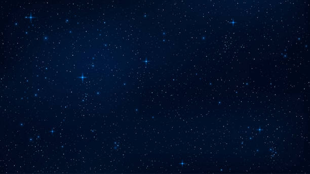 illustrazioni stock, clip art, cartoni animati e icone di tendenza di un cielo stellato realistico con un bagliore blu. stelle splendenti nel cielo scuro. sfondo, sfondo per il tuo progetto. illustrazione vettoriale. eps 10 - cielo stellato