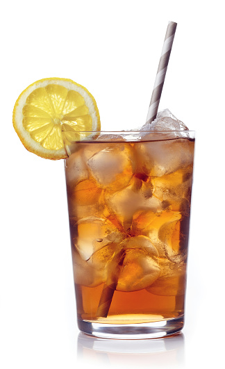 Glass of lemon ice tea isolated on white background