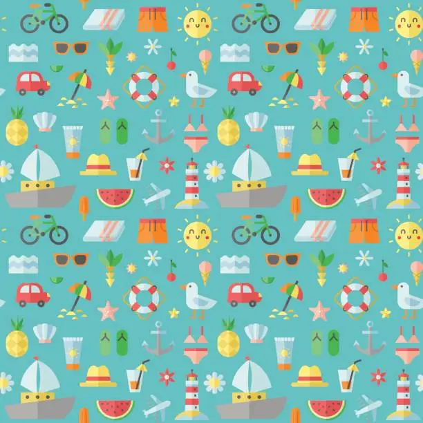 Vector illustration of Summer and beach flat vector seamless pattern.