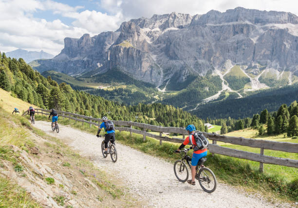 次のバイク 4 mountainbikers ガイド イタリア ドロミテのダウンヒル - country road fence road dolomites ストックフォトと画像